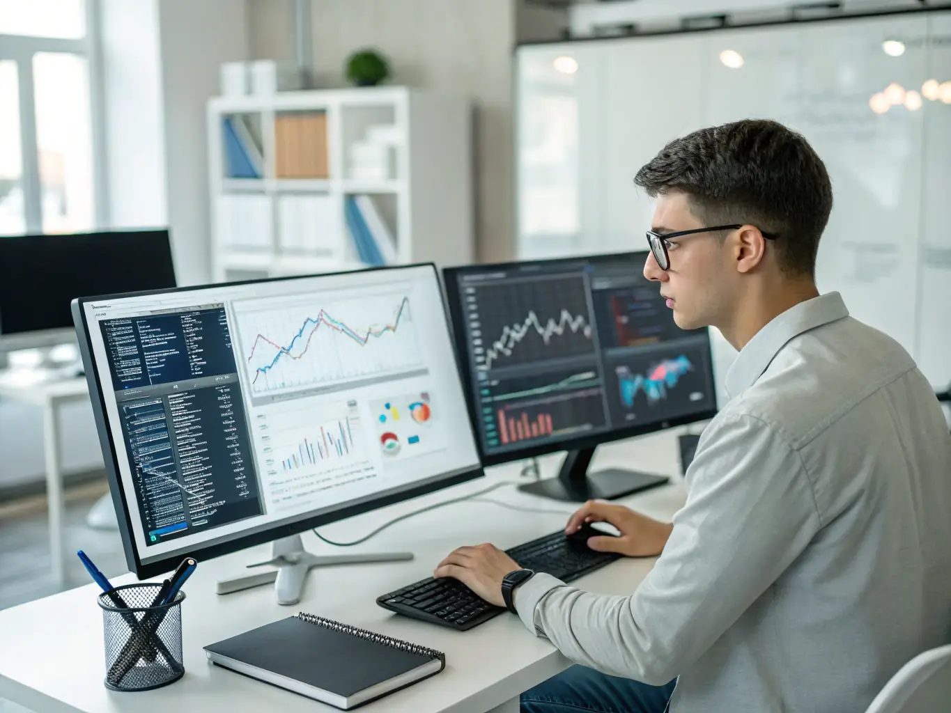 A data analyst creating interactive dashboards and visualizations using Tableau, showcasing key insights and trends.