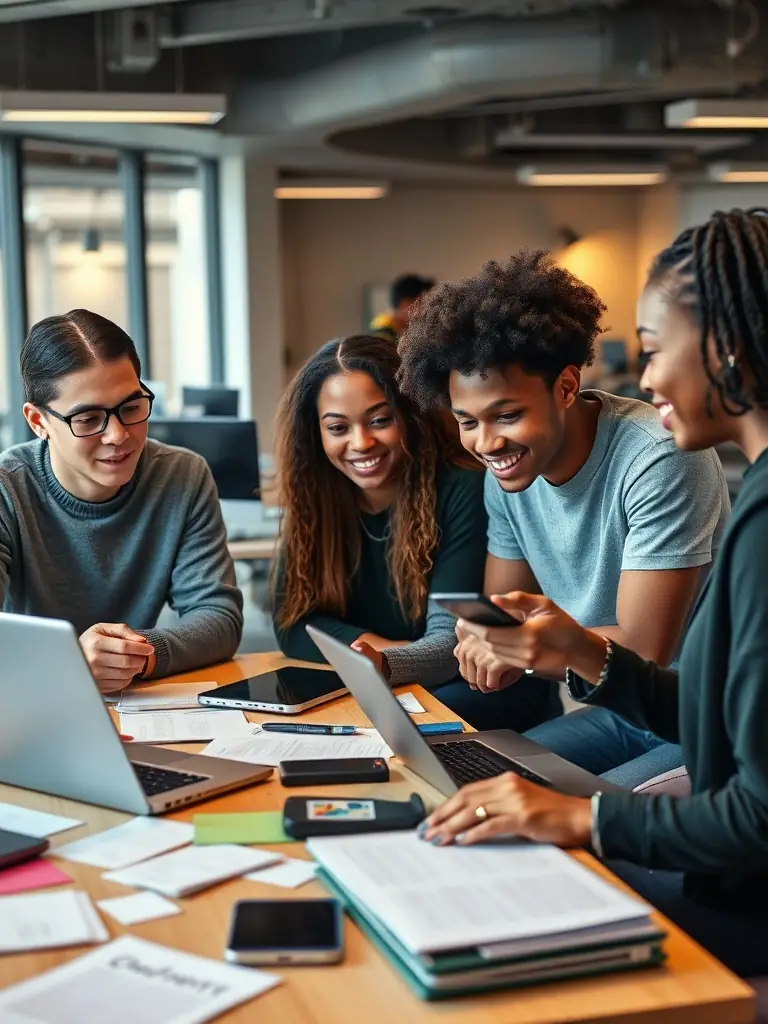 An image of a diverse group of students collaborating on a data analytics project, using various tools and techniques, in a modern, tech-enabled classroom.