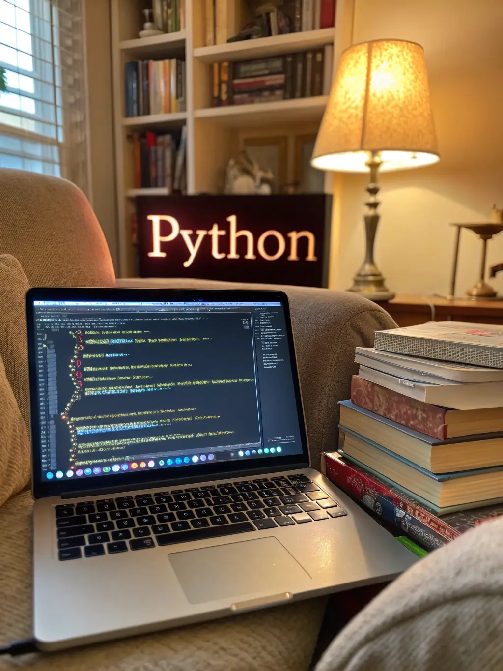 A focused image of a Python code snippet on a laptop screen, highlighting its readability and versatility in data analysis, set in a modern classroom environment.