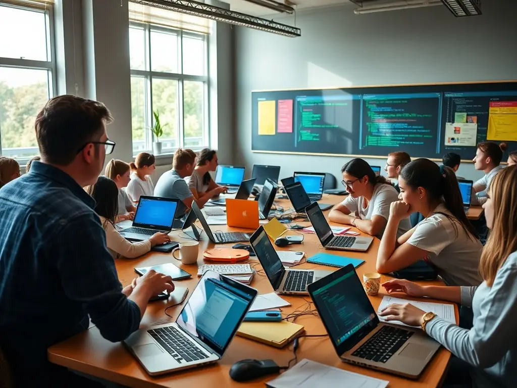 A focused student working on a Python data analysis project in a modern classroom setting, surrounded by other students and instructors.