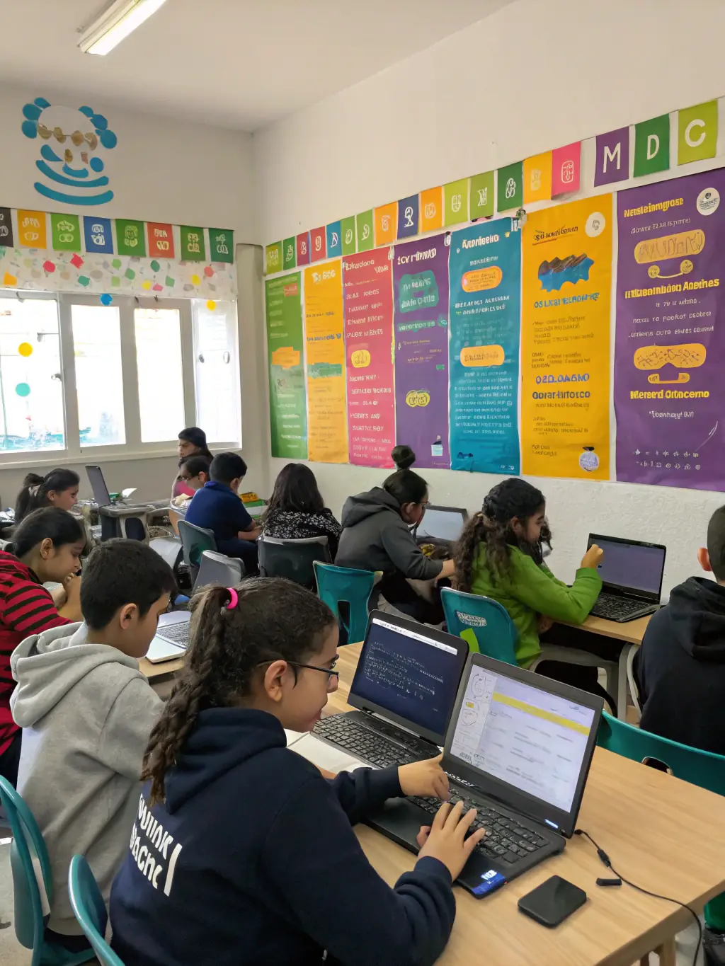 A focused image of Python code on a screen, highlighting its use in data analysis, set in a modern classroom environment.
