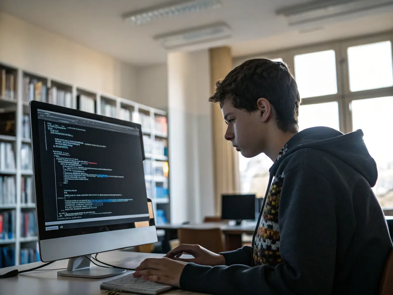 A focused student working on a Python coding exercise in a modern classroom setting, surrounded by other students and instructors, emphasizing hands-on learning.