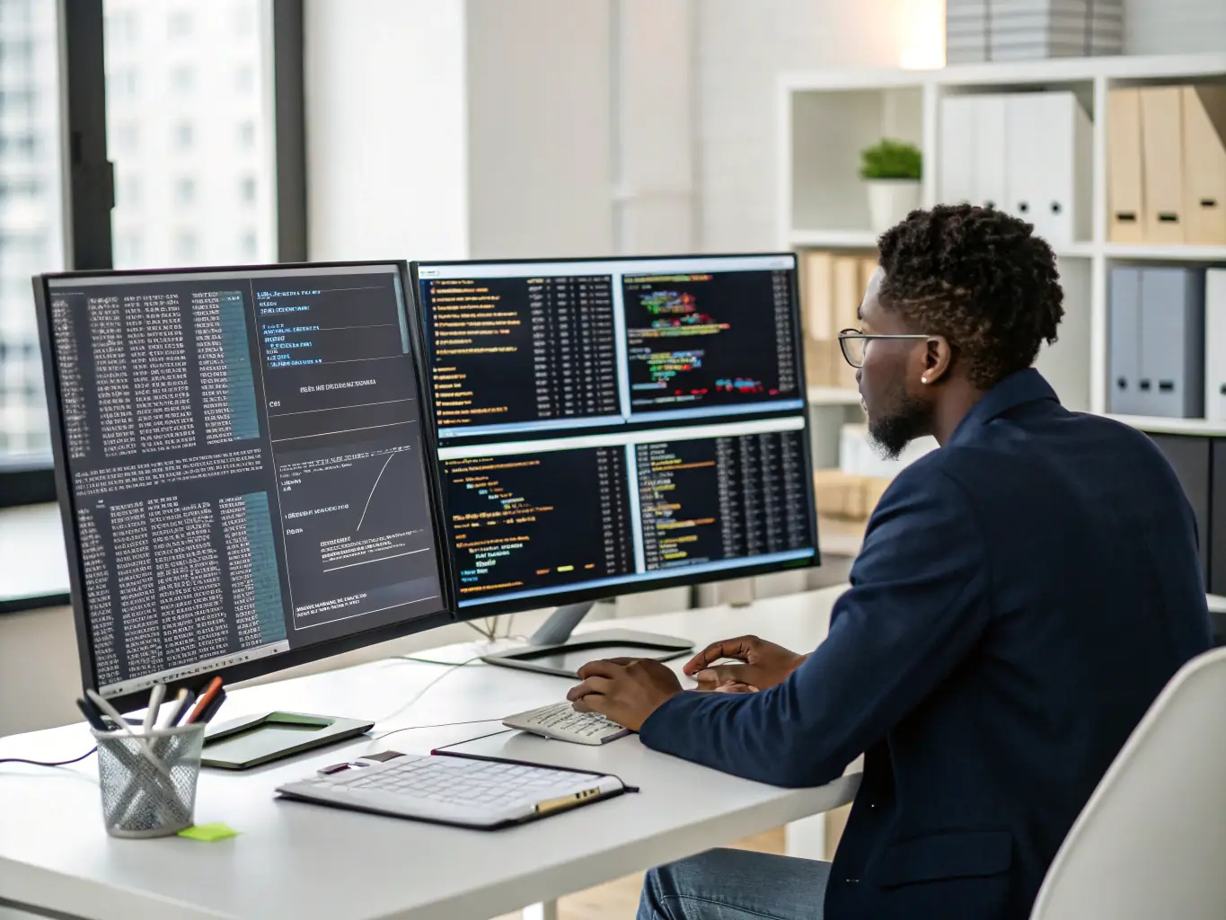 A database administrator working with SQL queries on a large monitor, showcasing the importance of data management and retrieval skills.