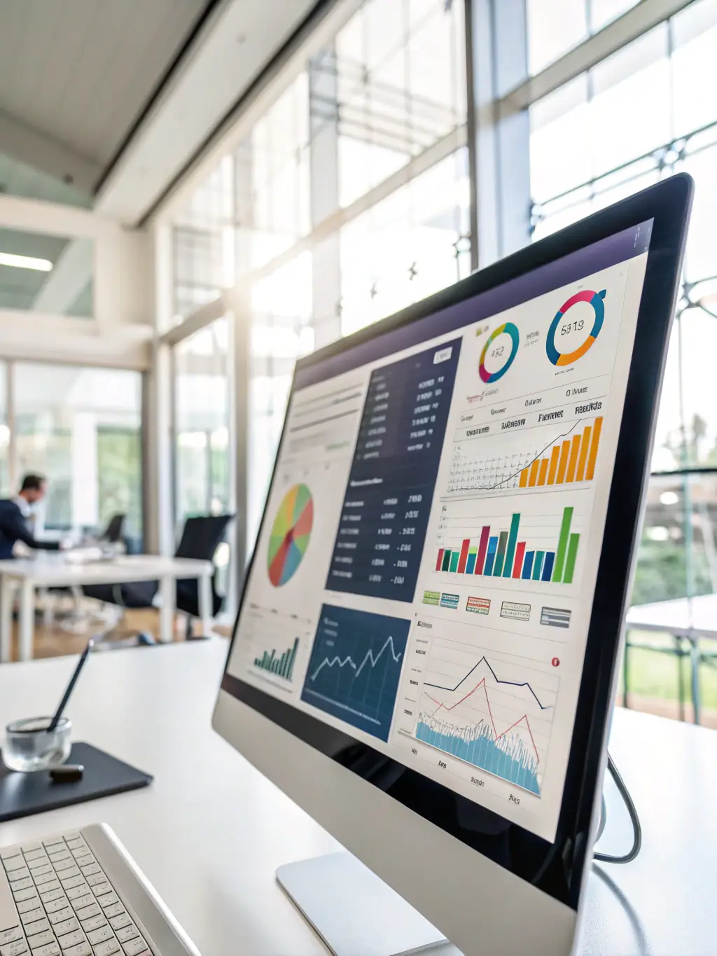 A vibrant Tableau dashboard displaying interactive data visualizations, illustrating the power of visual storytelling in data analytics, in a collaborative workspace.