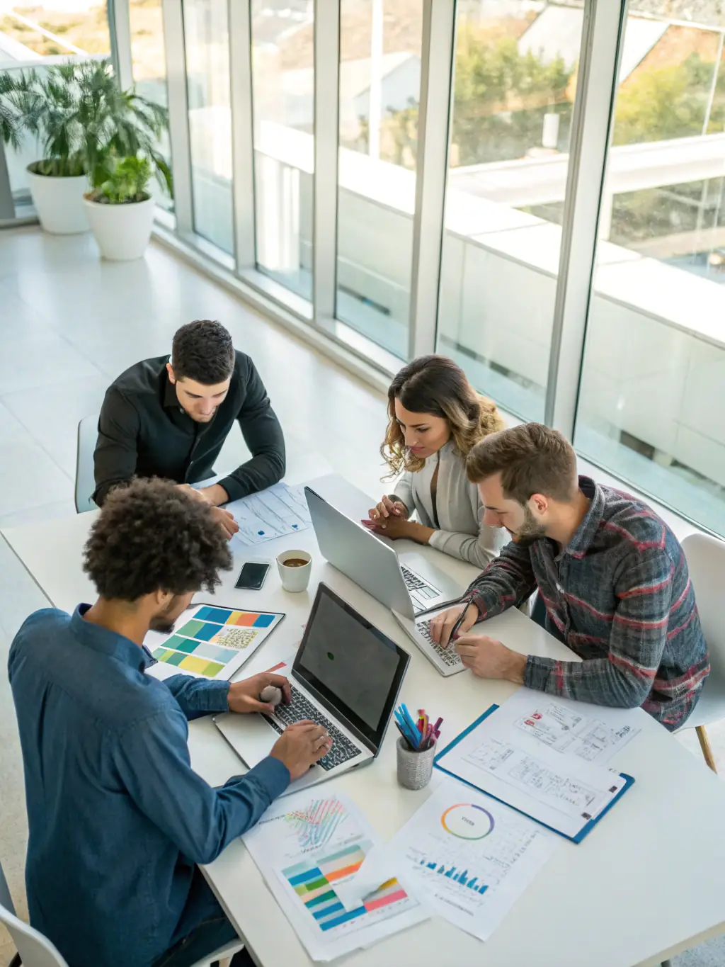 An image depicting a data analytics team collaborating on a project, using various tools and techniques, in a collaborative workspace.